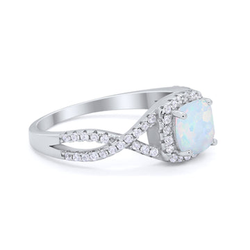 Halo Cushion Infinity Shank Wedding Ring Lab Created White Opal 925 Sterling Silver